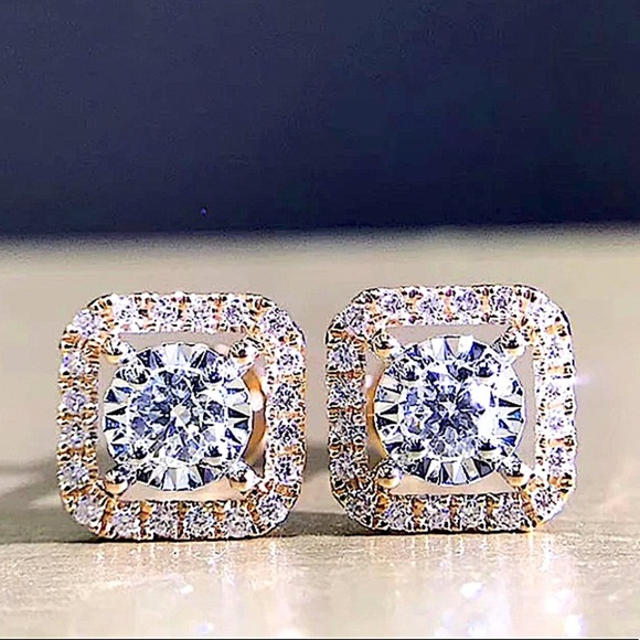 18K GP Diamond Halo Square Cut Diamond Stud Earrings - Picture 1 of 4